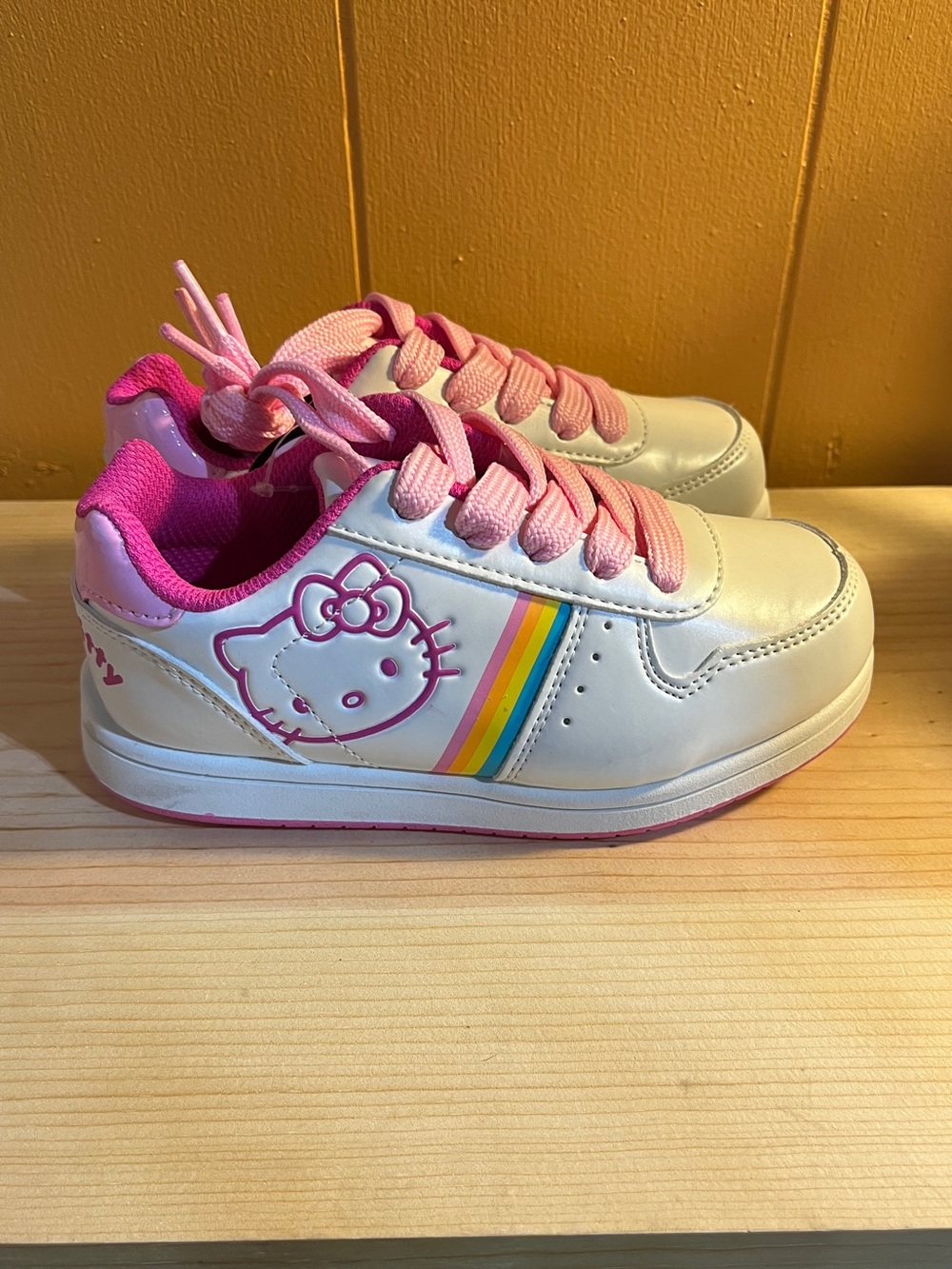 Hello Kitty White Sneakers with Pink and Rainbow Stripes - Kids size 12